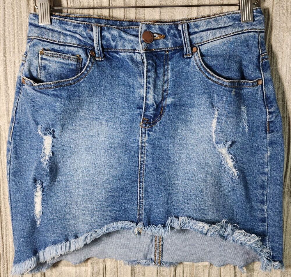 Women's Distressed Denim Mini Skirt Small Raw Frayed Hem Stretch Sexy Hi-Lo 28"